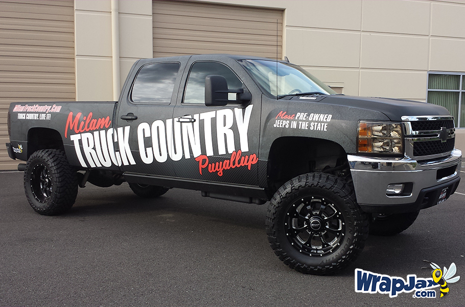 Full printed matte wrap on lifted 2018 Chevrolet Silverado 3500 crew cab.